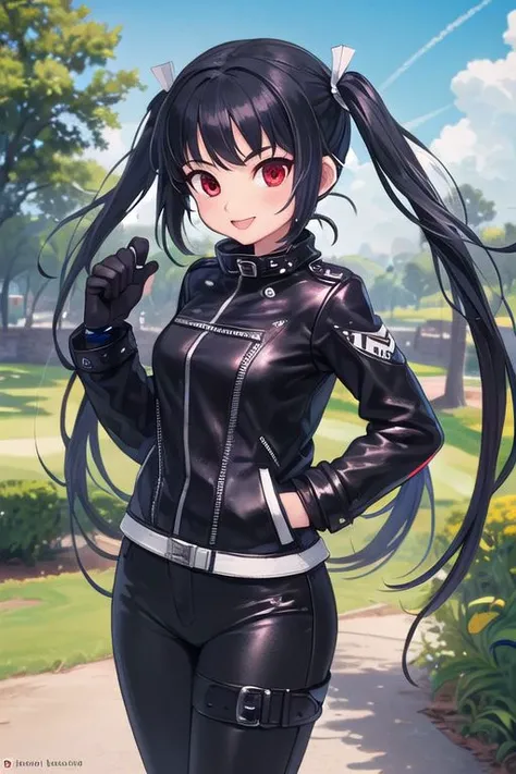 1girl, (tight all black leather jacket), (tight all black leather trousers), (very long twintails:1.5), small breasts, (black_hair:1.5), red eyes, golfing gloves, outdoors, golf course, smiling, <lora:SeeDark_Style_v11:1>