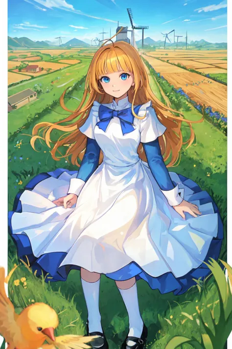 masterpiece, best quality, 1girl, <lora:SeeDark_Style_v11:0.6>, playing with birds, <lora:TalesWeaver_TichielJuspian_v1:0.9:lbw=MIDD>, blonde hair, blunt bangs, ahoge, (very long hair:1.3), white dress over blue dress, blue hem, apron, white cuffs, long sleeves, short over long sleeves, kneehighs, white socks, black footwear, mary janes, blue eyes, blue bow, grassy green fields, blue sky, village, windmills,