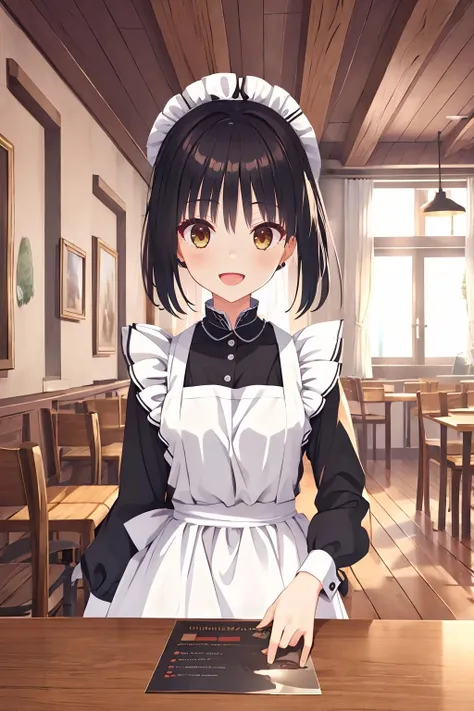 16k, highres, masterpiece, best quality, 
poster \(medium\), promotions, a girl in cafe, smile, :D,
sntm, 1girl, alternate hairstyle, nape, bangs, sidelocks,  medium breasts,<lora:natsume_v1:0.7>
maid, mob cap,