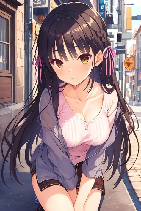 16k, highres, masterpiece, best quality, 
pinup of a cute girl in urban city, dutch angle, 
sntm, 1girl,very long hair, bangs, sidelocks, hair ribbon, braid, medium breasts,
casual,  <lora:natsume_v1:0.7>
