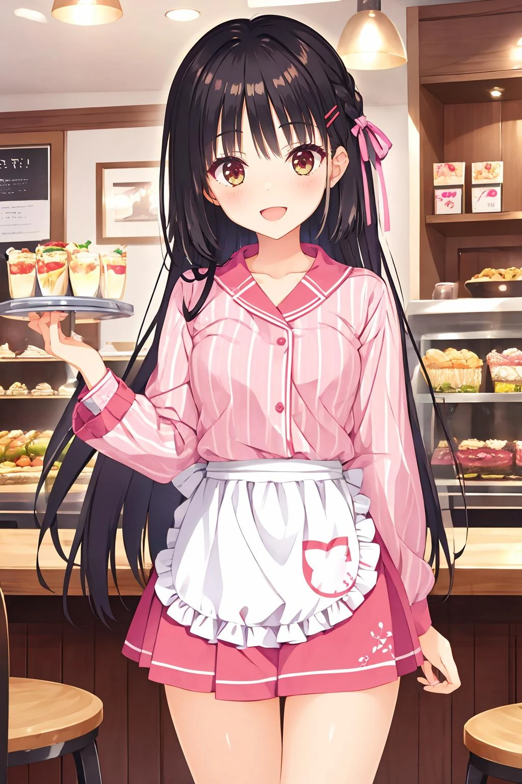 16k, highres, masterpiece, best quality,
poster \(medium\), promotions, a girl in cafe, smile, :D,
sntm, 1girl,very long hair, bangs, sidelocks, hair ribbon, braid, medium breasts,<lora:natsume_v1:0.7>
waitress, pink striped shirt, pink pleated miniskirt, waist apron, no headwear,