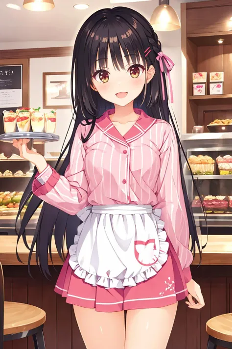 16k, highres, masterpiece, best quality, 
poster \(medium\), promotions, a girl in cafe, smile, :D,
sntm, 1girl,very long hair, bangs, sidelocks, hair ribbon, braid, medium breasts,<lora:natsume_v1:0.7>
waitress, pink  striped shirt, pink pleated miniskirt, waist apron, no headwear,