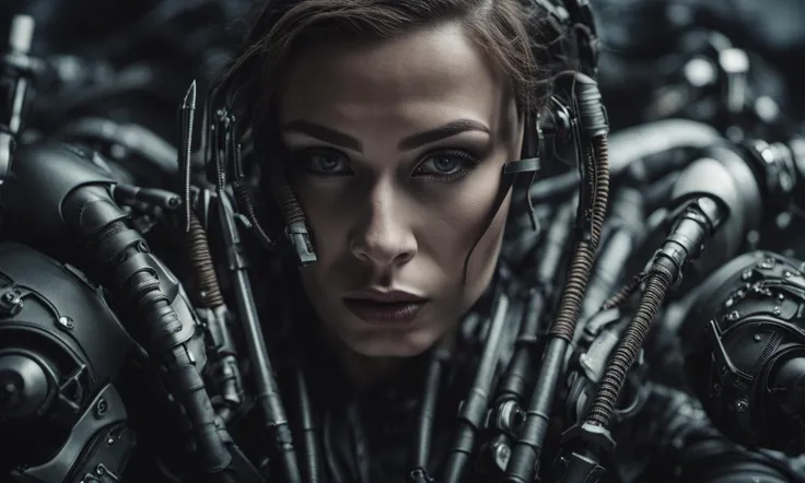 photo of a rare and expensive intimidating Woman who is attractive and wearing punk futurism clothing, world war five, high detail, sharp focus, cinematic product lighting, 8k, scifi, grimdark, cyberpunk, neuromancer, scifi