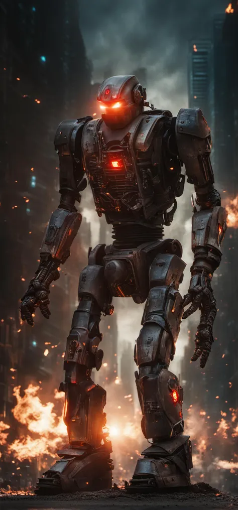 raw photo of a huge dirty rusty futuristic hi-tech robot walking down burning fire engulfed city street with "WTF" embossed on chest plate and red laser eyes and lighting coming out of hands, 8k, real, movie, sci-fi, scary