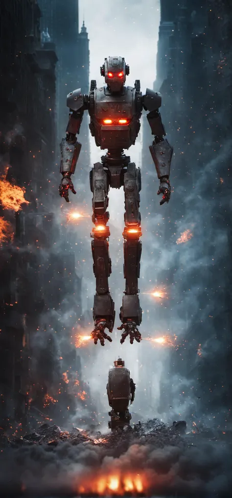 raw photo of a huge dirty rusty futuristic hi-tech robot walking down burning fire engulfed city street with "WTF" embossed on chest plate and red laser eyes and lighting coming out of hands with explosions going off all round, 8k, real, movie, sci-fi, scary