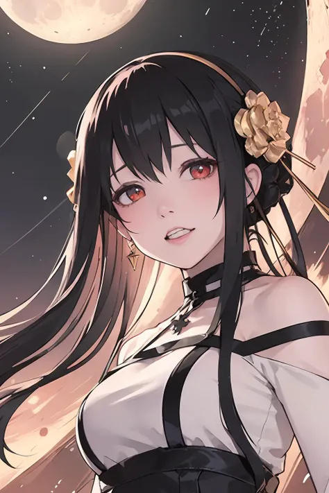((high quality)),masterpiece,(detailed depiction of local details:1.2),1girl,blurry,blurry background,depth of field,hair ornament,jewelry,looking at viewer,solo,teeth,black hair,face,eyes,lips,long hair,weapon,<lora:yueer:0.6>,
BREAK
((moon)),(starry sky:1.2),(lighting particle),fog,snow,(bloom),beautiful detailed glow,detailed ice,beautiful detailed water,(cold full moon),snowflake,(floating cloud:1.2),