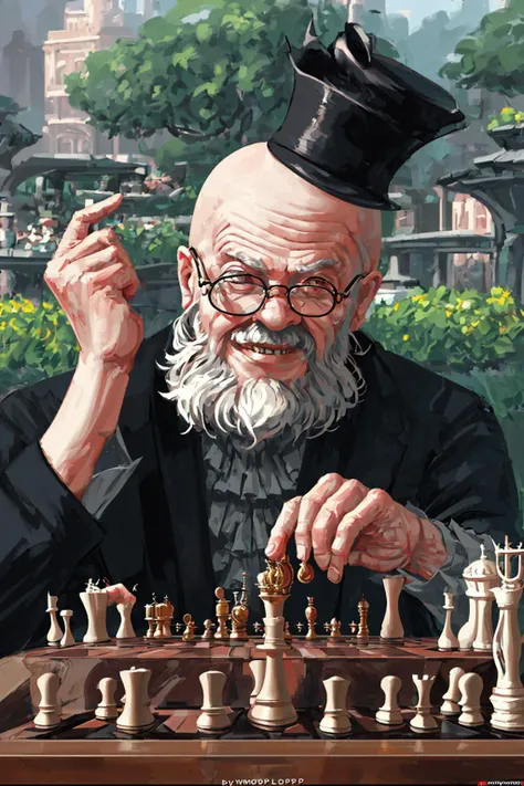 ultra detailed, sharp focus, best quality, masterpiece, <lora:wlpstyl:1> wlpstyl, old bald man, big glasses, hat, playing chess, park background, POV, smile, best quality, masterpiece, intricate details
