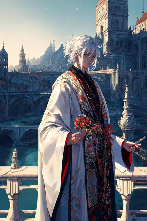 ultra detailed, sharp focus, best quality, masterpiece, colorful, <lora:wlpstyl-000009:0.8> wlpstyl, 1 male, white hair, river background, baggy robe, standing on  a bridge, best quality, masterpiece, intricate details