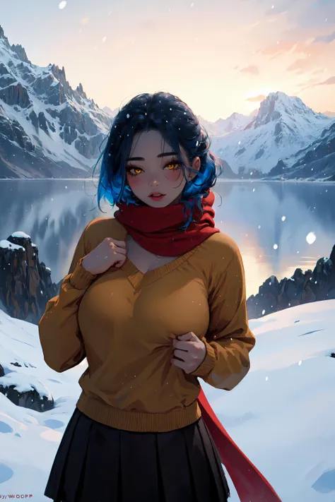 1girl, wlpstyl, blue hair, very long hair, yellow eyes, red scarf, skirt, sweater, snow, snowing, absurdres, medium soft breasts, curvy, [perfect shadows and lighting], detailed mountain background, incredible high-key lighting, <lora:wlpstyl:0.8>