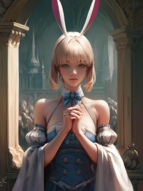 <lora:wlpstyl:1> wlpstyl <lora:castoria_summer:0.9> summertoria, rabbit ears, bow, detached sleeves, castle, <lyco:GoodHands-beta2:1.0>