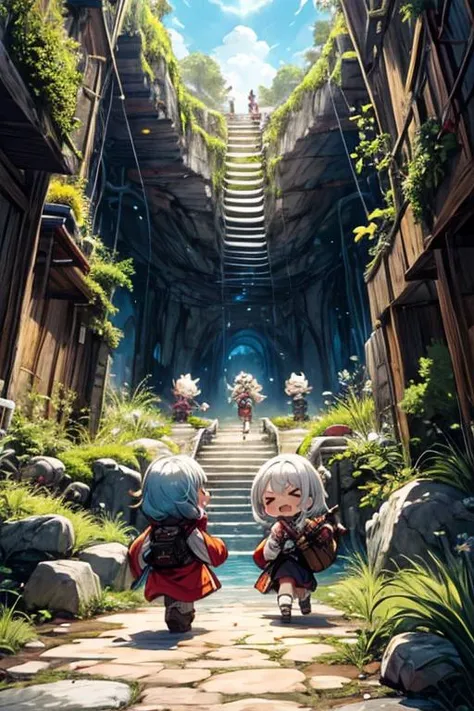 chibi, (> <:1.2),big laugh
punching, doyagao, 
(The adventurers venture deep into the cave, facing challenging trials in their quest for ancient treasures. However, their journey is threatened by the little creatures guarding the treasure. United by courage, the adventurers confront the tiny beings in a fierce battle. Will they be able to claim the treasure:1),
masterpiece, illustration, best quality, best aethetic
<lora:t3xtn:0.4> <lora:test2:1> <lora:nnchibi:0.5>
