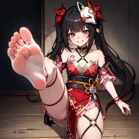 (masterpiece:1.2), (Best quality:1.2),ultra-detailed, perfect anatomy, highres, intricate detail,absurdres,foot focus,pov,
<lora:sparkle-str-v2c:0.8>1girl,solo,sparklehsr, mask on head, choker, single glove, bracelet, thigh strap,
looking at viewer,seductive grin smug,blush,
<lora:GoodHands-vanilla:1>,standing, fighting stance, standing on one leg,