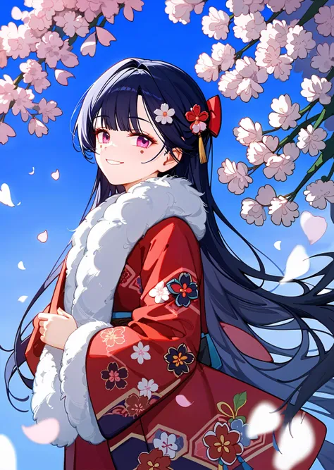 score_9, score_8_up, score_7_up, absurdres, 1girl, solo, sparklehsrpv, long kimono, long sleeves, fur trim, floral print, petals, cherry blossoms, smile, <lora:sparkle-strPO-v1-000008:0.8>