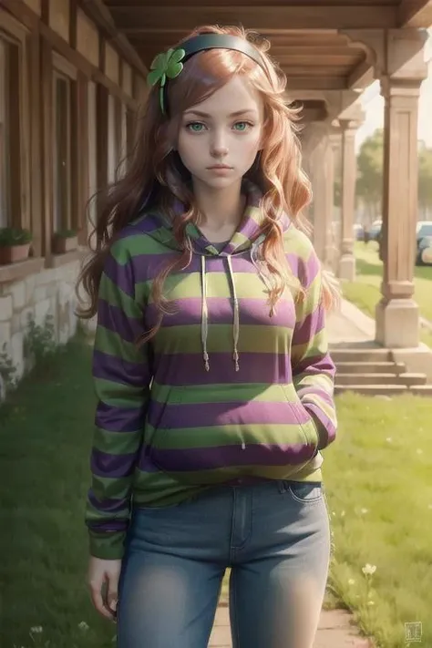 <lora:4chan_vivianjames:0.85> 1girl, vivian james, hairband, four-leaf clover, striped hoodie, jeans