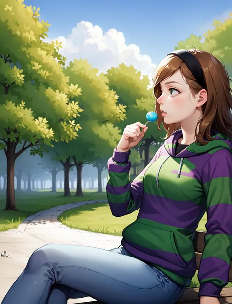 cartoon, masterpiece, best quality, (realistic), extreme detail,volumetric lighting, 8k, detailed face, young woman, petite, slim, vivian james, hairband, four-leaf clover, striped, hoodie,hood down,jeans, sitting in park, lolipop ,profile, vegetation, flowers, trees, bench, indifferent, perspective, dutch angle
<lora:4chan_vivianjames-08:0.7>