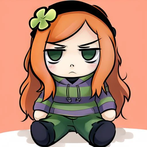 ((masterpiece, best quality, hi-res, good anatomy, good face, vibrant)), <lora:4chan_vivianjames-08:1>, <lora:fumo:0.8>, 1girl, solo, female focus, solo focus, fumo, doll, plush, chibi, vivian james, orange hair, long hair, green eyes, four-leaf clover hair ornament, striped hoodie, hood down, long sleeves, jeans, frown, closed mouth, angry, bags under eyes, sitting, white background, simple background