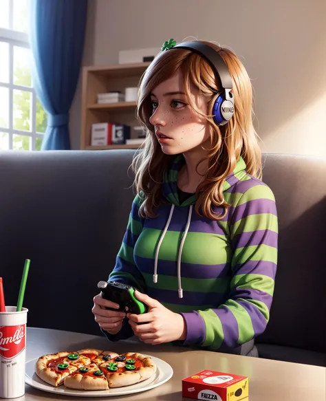 cartoon, masterpiece, best quality, (realistic), extreme detail,volumetric lighting, 8k, detailed face, young woman, vivian james, hairband, four-leaf clover, striped, hoodie, hood down, jeans, sitting on couch at home, holding game controller, game console, profile, freckels, solo, looking away,soda ca, pizza box, headset,
<lora:4chan_vivianjames-08:0.7>