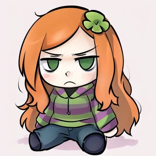((masterpiece, best quality, hi-res, good anatomy, good face, vibrant)), <lora:4chan_vivianjames-08:1>, <lora:fumo:0.8>, 1girl, solo, female focus, solo focus, fumo, doll, plush, chibi, vivian james, orange hair, long hair, green eyes, four-leaf clover hair ornament, striped hoodie, hood down, long sleeves, jeans, frown, closed mouth, angry, bags under eyes, sitting, white background, simple background