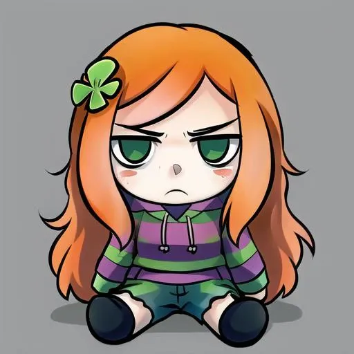 ((masterpiece, best quality, hi-res, good anatomy, good face, vibrant)), <lora:4chan_vivianjames-08:1>, <lora:fumo:0.8>, 1girl, solo, female focus, solo focus, fumo, doll, plush, chibi, vivian james, orange hair, long hair, green eyes, four-leaf clover hair ornament, striped hoodie, hood down, long sleeves, jeans, frown, closed mouth, angry, bags under eyes, sitting, white background, simple background
