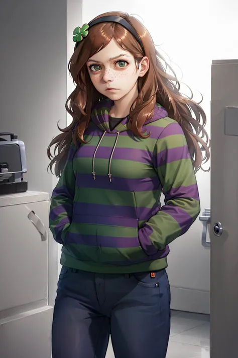 (masterpiece, best quality:1.2), <lyco:4chan_vivianjames-08:1.0>, cowboy shot, solo, 1girl, vivian james, expressionless, looking at viewer, hands in pockets, hairband, four-leaf clover, striped, hoodie, hood down, pants, jeans