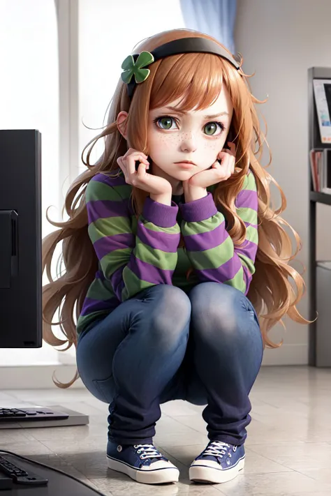(masterpiece, best quality:1.2), <lyco:4chan_vivianjames-08:1.0>, solo, 1girl, vivian james, expressionless, looking at viewer, squatting, head rest, hairband, four-leaf clover, striped, hoodie, hood down, jeans, converse, dark room, computer, monitor