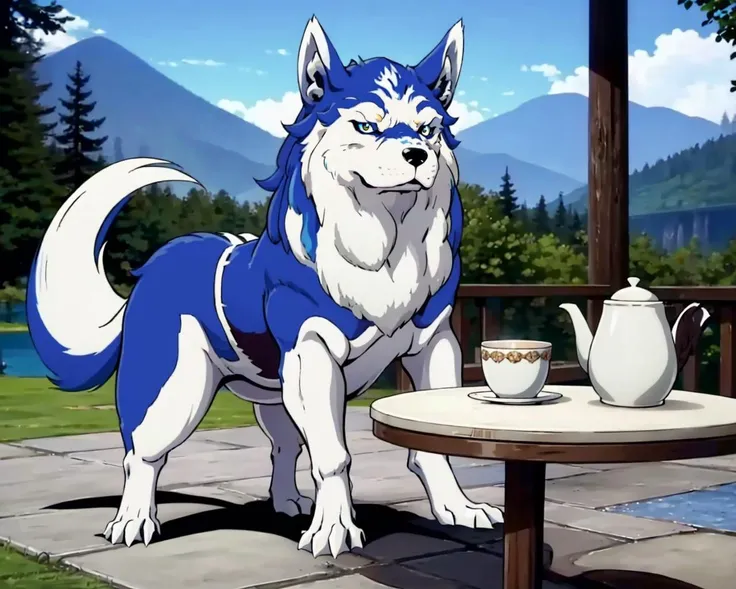 masterpiece, best quality, solo,  looking at viewer,  <lora:Character Pascal the Dog (Shin Megami Tensei):1>, Dog, Pascal, white fur, blue fur, all fours, (no humans:1.6), sitting, husky,   <lora:Teatime-concept_Fp:0.3>, cup, table, food, teapot, outdoors, sitting