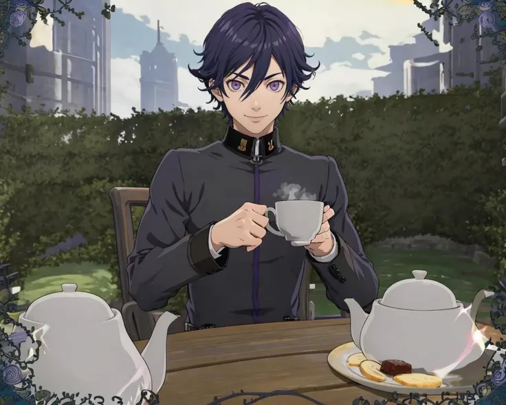 masterpiece, best quality, 1boy, smile, solo, looking at viewer, <lora:Teatime-concept_Fp:0.8>, cup, table, food, teapot, outdoors, sitting, holding, cup, <lora:NaoyaV3:1>, Naoya, school uniform, purple eyes,