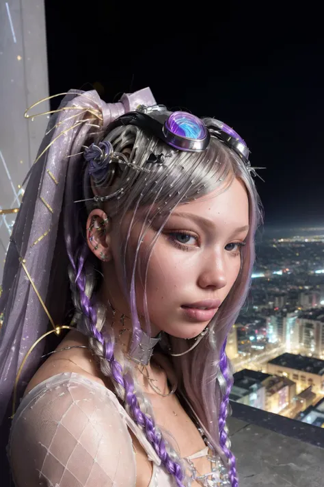 (masterpiece:1.3), (best quality:1.3), ultra realistic, (close up:1.4),
(gorgeous skinny Wild-Cats-Island_Pamela fallen cyber punk angel:1.2) tight braided hair, skimpy Ruby latex pelvic curtain dress, small breasts,
(cyberpunk, science fiction, future city, at night),(sitting on top of skyscraper high above the ground:1.2),
<lora:CyberpunkStyleV3:0.4> <lora:cybergoth-fC_v1.0:0.7>