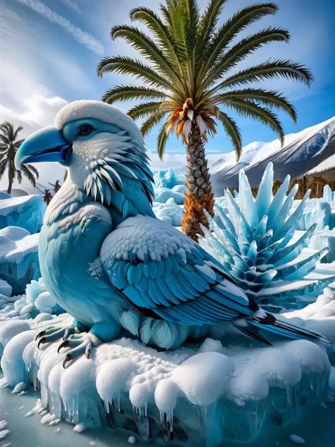 ral-glacial, A whimsical and amusing scene of tropical birds and animals humorously adapting to a newly formed glacial environment, complete with ice palm trees <lora:ral-glacial-sdxl:1>, humorous, vibrant, HDR, captured with a Panasonic Lumix DC-S1R for a lively, realistic portrayal, <lora:EnvyBetterHiresFixXL01:0:hr=1>