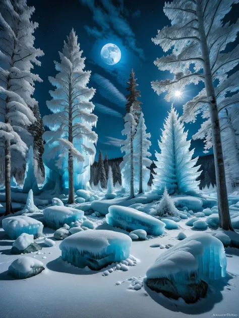 ral-glacial, A breathtaking scene of an ancient forest, where the trees, animals, and landscape are all transformed into sparkling glacial ice structures, under a moonlit sky <lora:ral-glacial-sdxl:1>, dynamic, evocative, HDR, captured with a Nikon D850 for a vivid, dreamlike quality, <lora:EnvyBetterHiresFixXL01:0:hr=1>