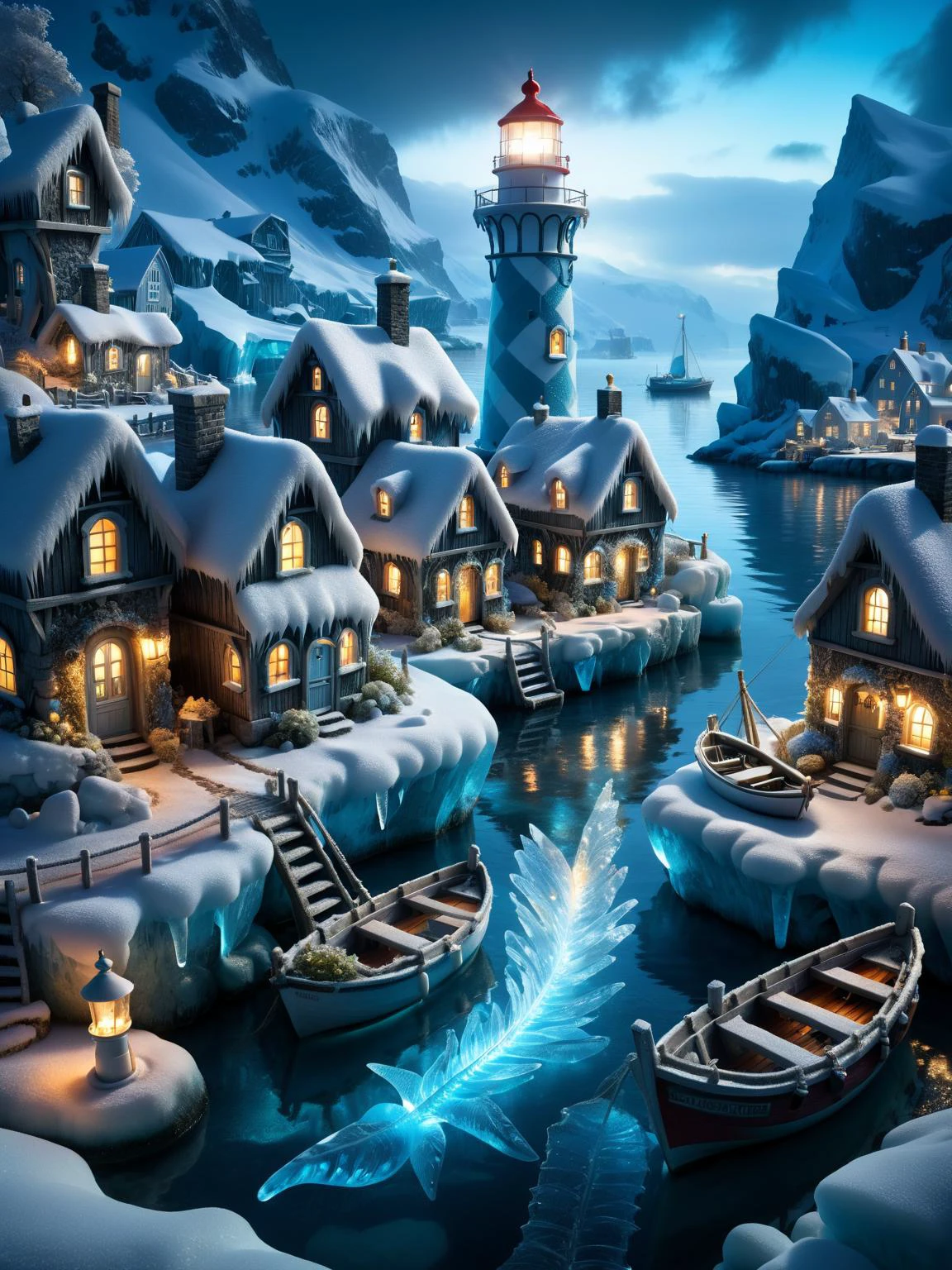 ral-glacial, A whimsical scene of a ral-glacial fairy village at night, with tiny habor, fishing boats, a lighthouse, houses, bridges, and gardens all intricately detailed in ral-glacial textures, smoke from chimneysbuildings with ethereal lights <lora:ral-glacial-sdxl:0.5>, dark, atmospheric, dynamic, cinematic, masterpiece, intricate, hdr. <lora:EnvyBetterHiresFixXL01:0:hr=1>
