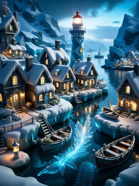 ral-glacial, A whimsical scene of a ral-glacial fairy village at night, with tiny habor, fishing boats, a lighthouse, houses, bridges, and gardens all intricately detailed in ral-glacial textures, smoke from chimneysbuildings with ethereal lights <lora:ral-glacial-sdxl:0.5>, dark, atmospheric, dynamic, cinematic, masterpiece, intricate, hdr. <lora:EnvyBetterHiresFixXL01:0:hr=1>