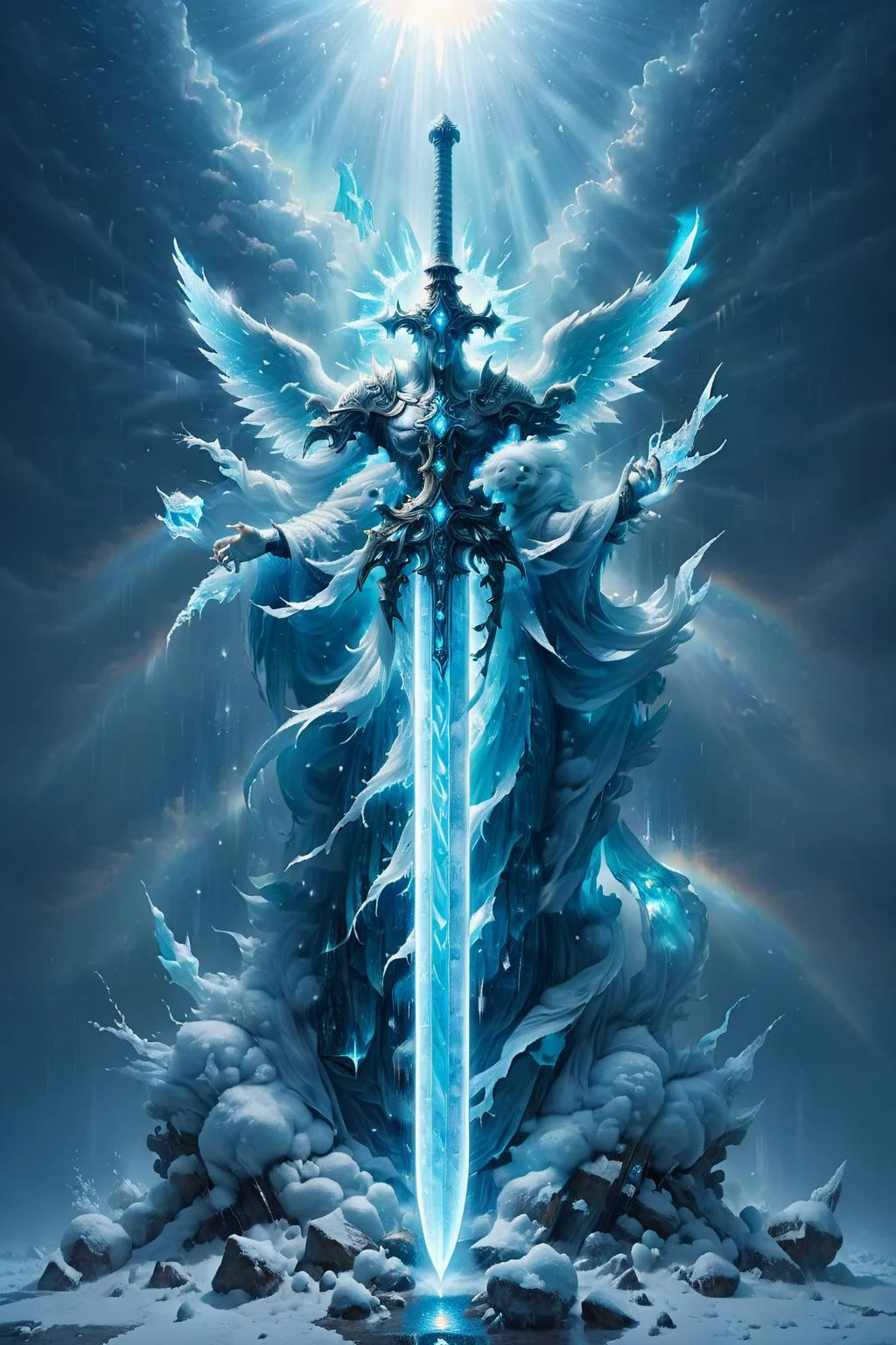 ral-glacial,<lora:ral-glacial:1>,
GLOWING WEAPON,<lora:Glowing_style_XL_0.1:0.75>,GLOWING SWORD,<lora:NicolaSamori:0.8>,
Pieces of light rain fall,the brilliant sword light startles ghosts and gods,covering the sun,too gorgeous and dazzling,holy and flawless,like the light rain of flying immortals,