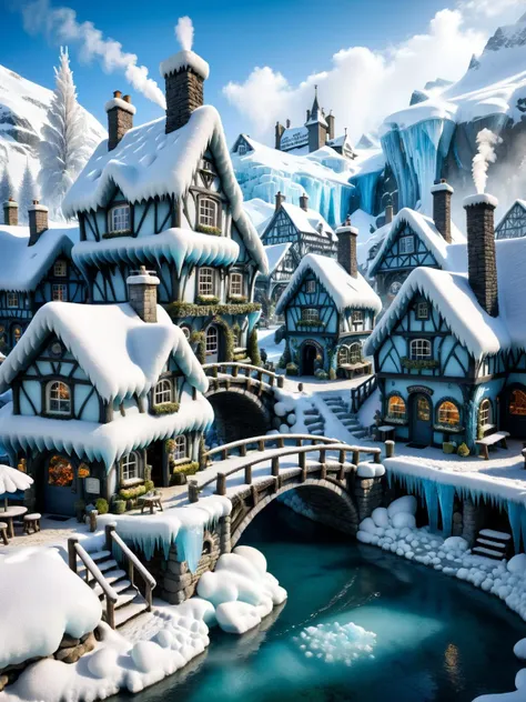 ral-glacial, A whimsical scene of a ral-glacial fairy village, with tiny shops, pubs, black smiths, bakery, bridges, and gardens all intricately detailed in ral-glacial textures,smoke from chimneys <lora:ral-glacial-sdxl:0.5>, dynamic, cinematic, masterpiece, intricate, hdr. <lora:EnvyBetterHiresFixXL01:0:hr=1>