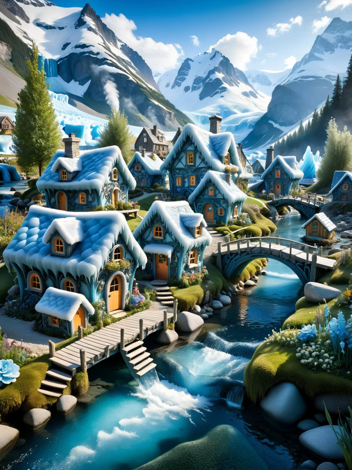 ral-glacial, A whimsical scene of a ral-glacial fairy village, with tiny houses, rowing boats, streams, hills, bridges, and gardens all intricately detailed in ral-glacial textures, smoke from chimneys<lora:ral-glacial-sdxl:0.5>, dynamic, cinematic, masterpiece, intricate, hdr. <lora:EnvyBetterHiresFixXL01:0:hr=1>
