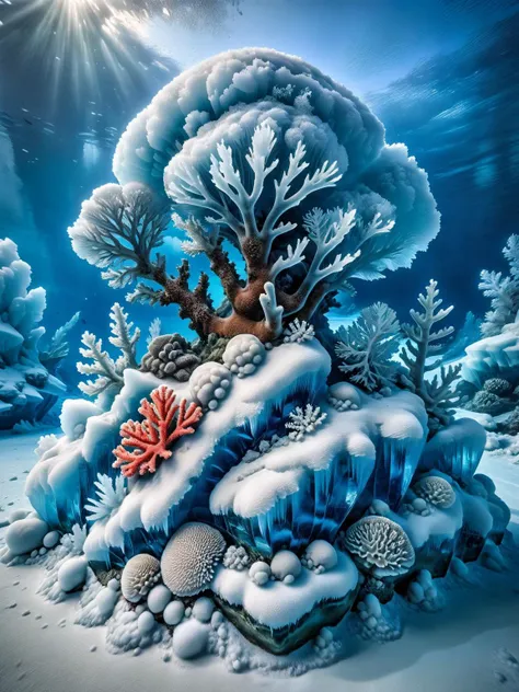 ral-glacial, An enchanting visual of a frozen underwater world, with marine life and coral reefs all beautifully encased in clear, glacial ice <lora:ral-glacial-sdxl:1>, ethereal, HDR, photographed with an Olympus OM-D E-M1X for a vivid, serene effect, <lora:EnvyBetterHiresFixXL01:0:hr=1>