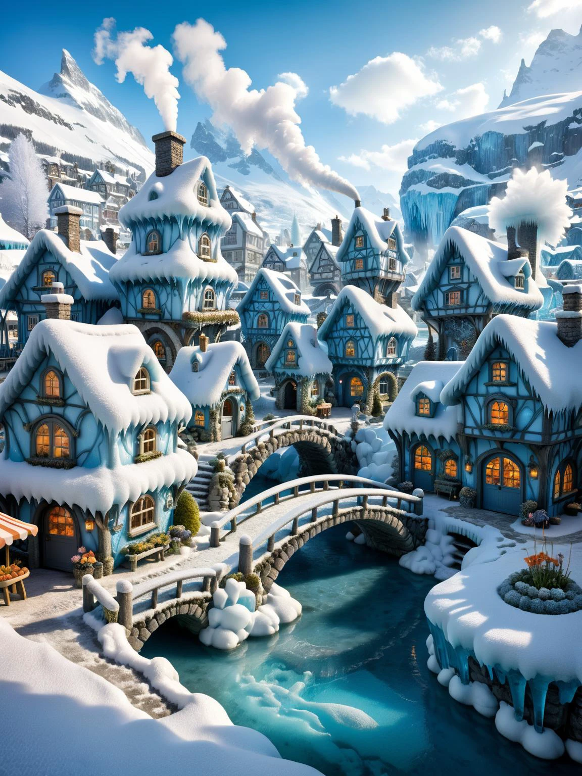 ral-glacial, A whimsical scene of a ral-glacial fairy village, with tiny shops, houses, market stalls, bridges, and gardens all intricately detailed in ral-glacial textures, smoke from chimneys <lora:ral-glacial-sdxl:0.5>, dynamic, cinematic, masterpiece, intricate, hdr. <lora:EnvyBetterHiresFixXL01:0:hr=1>