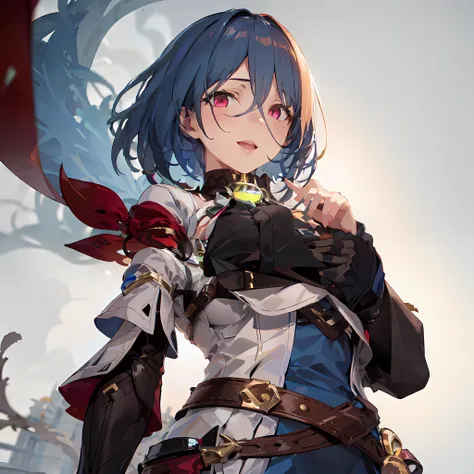 1girl, solo, highres, absurdres, NatashaHSR, simple background, from below, looking at viewer, hair between eyes, red eyes, laughing, blue hair, <lora:HSR_Natasha4:0.9>