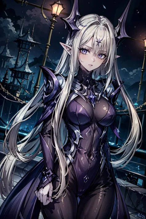 Illustrate a fantasy drow elf woman with purple skin, purple eyes, and long, flowing silver hair. She wears an elegant white and gold dress that contrasts beautifully with her dark complexion. A mystical purple aura surrounds her, highlighting her enchanting and powerful presence. The scene captures her in a magical setting, emphasizing her ethereal beauty and otherworldly grace.