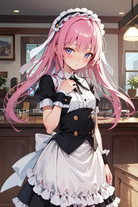 solo, masterpiece, best quality, unity 8k wallpaper, illustration, ultra-detailed, indoors, <lora:fleur_de_lapin_uniform_v2-000004:0.6>, frilled hairband, wrist cuffs, fleur de lapin uniform, blush, cafe, realistic,