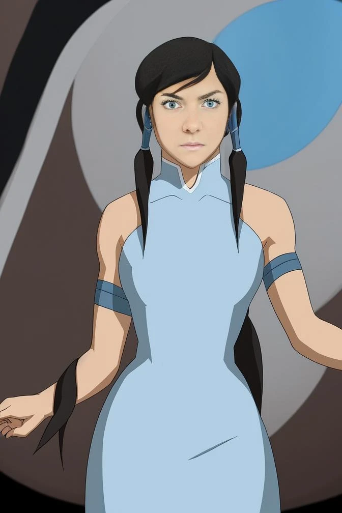 1girl, long black hair, hair tubes, blue eyes, Korra, <lora:Kora:0.75>, highres, masterpiece, looking at viewer, white background