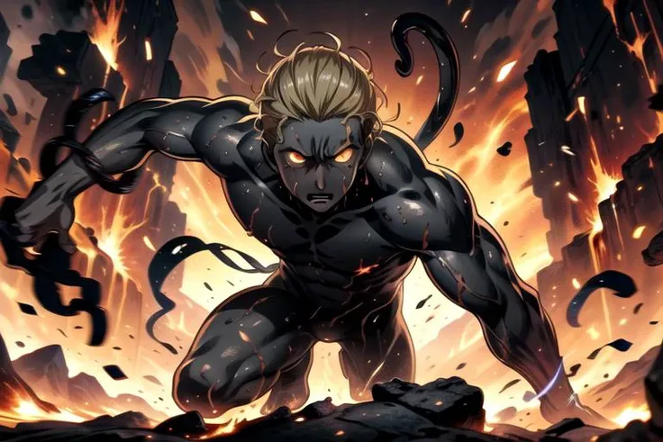 ((top quality, 8k wallpaper)),(masterpiece, best quality),extremely detailed,high definition,(official art:1.3),(((anime screencap,black outline))),<lora:more_details:0.3>, 1man, BREAK (slick back hair), bare chest, (blonde hair:1.4),<lora:Albert_Wesker_Ouroboros:0.8>, ouroboros, aw-o, (black tentacles:1.4), glowing eyes, (black tendrils:1.5), mature male, muscular, BREAK <lora:moltenRockBath:0.4>,(((glowing,melting, burning body,fire,in molten rock))), angry, nsfw,partially submerged, punching viewer,