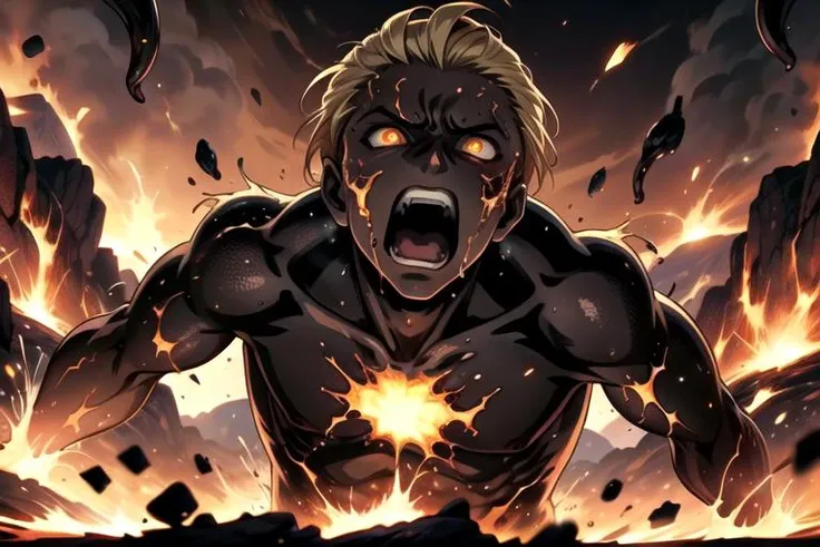 ((top quality, 8k wallpaper)),(masterpiece, best quality),extremely detailed,high definition,(official art:1.3),(((anime screencap,black outline))),<lora:more_details:0.3>, 1boy, BREAK (slick back hair), bare chest, (blonde hair:1.4),<lora:Albert_Wesker_Ouroboros:0.8>, ouroboros, aw-o, (black tentacles:1.4), glowing eyes, tendrils, BREAK <lora:moltenRockBath:0.4>,(((glowing,melting, burning body,fire,in molten rock))),screaming,looking up,open mouth, angry, nsfw,partially submerged, punching viewer,