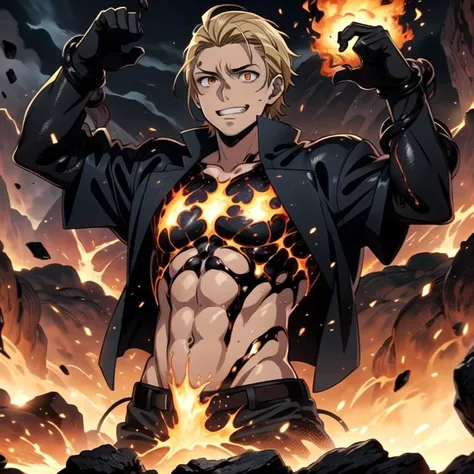 ((top quality, 8k wallpaper)),(masterpiece, best quality),extremely detailed,high definition,(official art:1.3),(((anime screencap,black outline))),<lora:more_details:0.3>, 1man, BREAK (slick back hair), bare chest, (blonde hair:1.4),<lora:Albert_Wesker_Ouroboros:0.8>, ouroboros, aw-o, (black tentacles:1.4), glowing eyes, tendrils, mature male, muscular, BREAK <lora:moltenRockBath:0.4>,(((glowing,melting, burning body,fire,in molten rock))), evil smile, grin, nsfw,partially submerged, punching viewer,