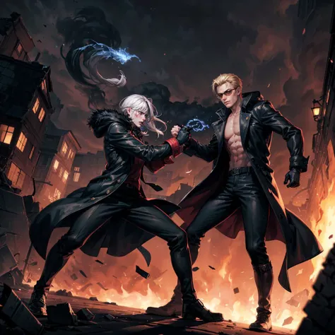 <lora:Albert_Wesker_Ouroboros:0.5>,<lora:add_detail:1>,<lora:noline:0.3>,<lora:boldline:-0.3>,
albert wesker ouroboros,1boy,coat,
and,
BREAK
1boy,and,1girl,
full body,(fighting_stance:1.5),battle,looking at another,
destroyed cities,smoke,dark,machine,flame,weak light,backlit,fog,
BREAK
1girl,angry,