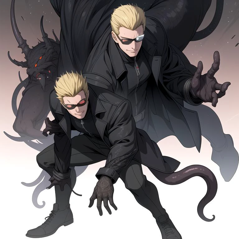 (Albert Wesker), highly detailed, highres, extremely detailed, detailed background, perfect eyes, perfect face, high quality, detailed face, anime, best quality, masterpiece, 4k, 8k, absurd resolution, cinematic lights, intricate detail, detailed hands, detailed eyes, animation, illustration, back combed hair, (blonde hair:1.4), short hair, (1man), mature male, looking at viewer, shades, sunglasses, 1boy, high definition, sharp focus, OverallDetail, <lora:Hiroyuki Kitazume:0.4>, <lora:beard_slider_v10:-3>, <lora:gender_slider_v1:-4>, slick back hair, <lora:hyperdenoiser_v090:0.6>, <lora:hyperrefiner_v090:0.6>, ah1,<lora:add_detail:0.3>, <lora:Albert_Wesker_Ouroboros:1> aw-o, ouroboros, black tentacles, glowing eyes, full body, zipper, fighting stance, evil grin, black coat,
