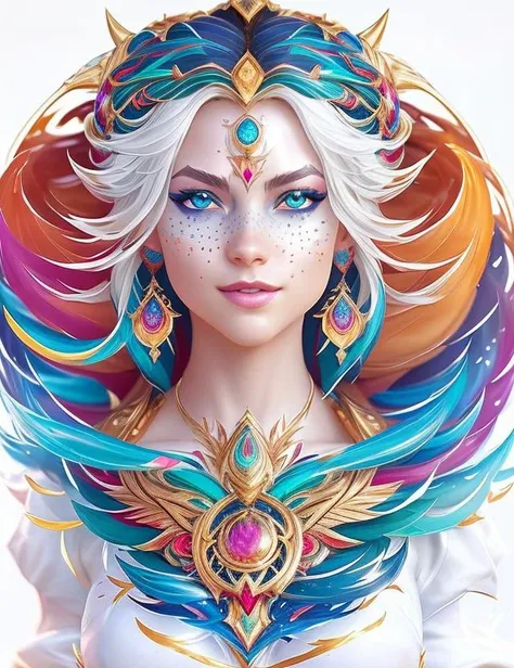 raw photo, medium body, masterpiece, best quality,  (white background:1.2),::5  (circle), framing, 1girl,  25yo in dynamic pose, (beautiful detailed colorful splash art:1.4), rotational symmetry, (realistic, photorealistic:1.1), fit body, blue eyes, white hair,  <hypernet:WraTa-7800:0.9> WraTa