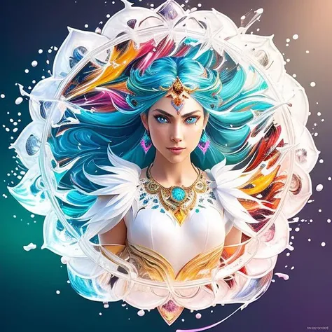 raw photo, medium body, masterpiece, best quality,  (white background:1.2), (circle), framing, 1girl,  25yo in dynamic pose, (beautiful detailed colorful splash art:1.4), rotational symmetry, (realistic, photorealistic:1.1), fit body, blue eyes, white hair,  <hypernet:WraTa-7800:0.9> WraTa