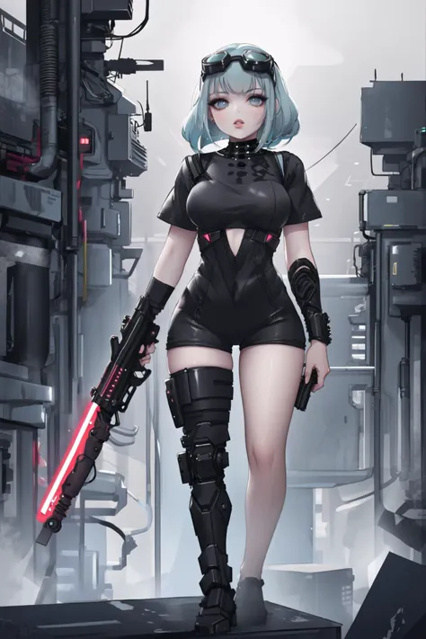 <lora:shortjump:0.6>, (short jumpsuit), expressionless, large breasts, bare legs, short sleeves, wide hips, 1girl, city, night, <lora:CyberPunkAI:0.6>, CyberpunkAI, neon, looking at viewer, goggles on head, <lora:Leirix2-10:0.6>, lips, <lora:UnlimitedBladeWorks1.6:0.6>, Lightsaber, holding weapon