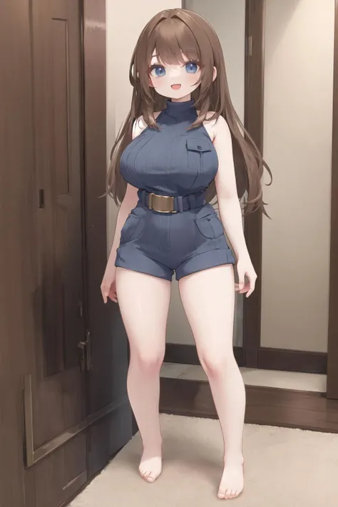 <lora:shortjump:0.6>, (short jumpsuit), (knit jumpsuit), belt, long hair, brown hair, indoors, wide hips, sleeveless, bare legs, barefoot, smile, :d, large breasts